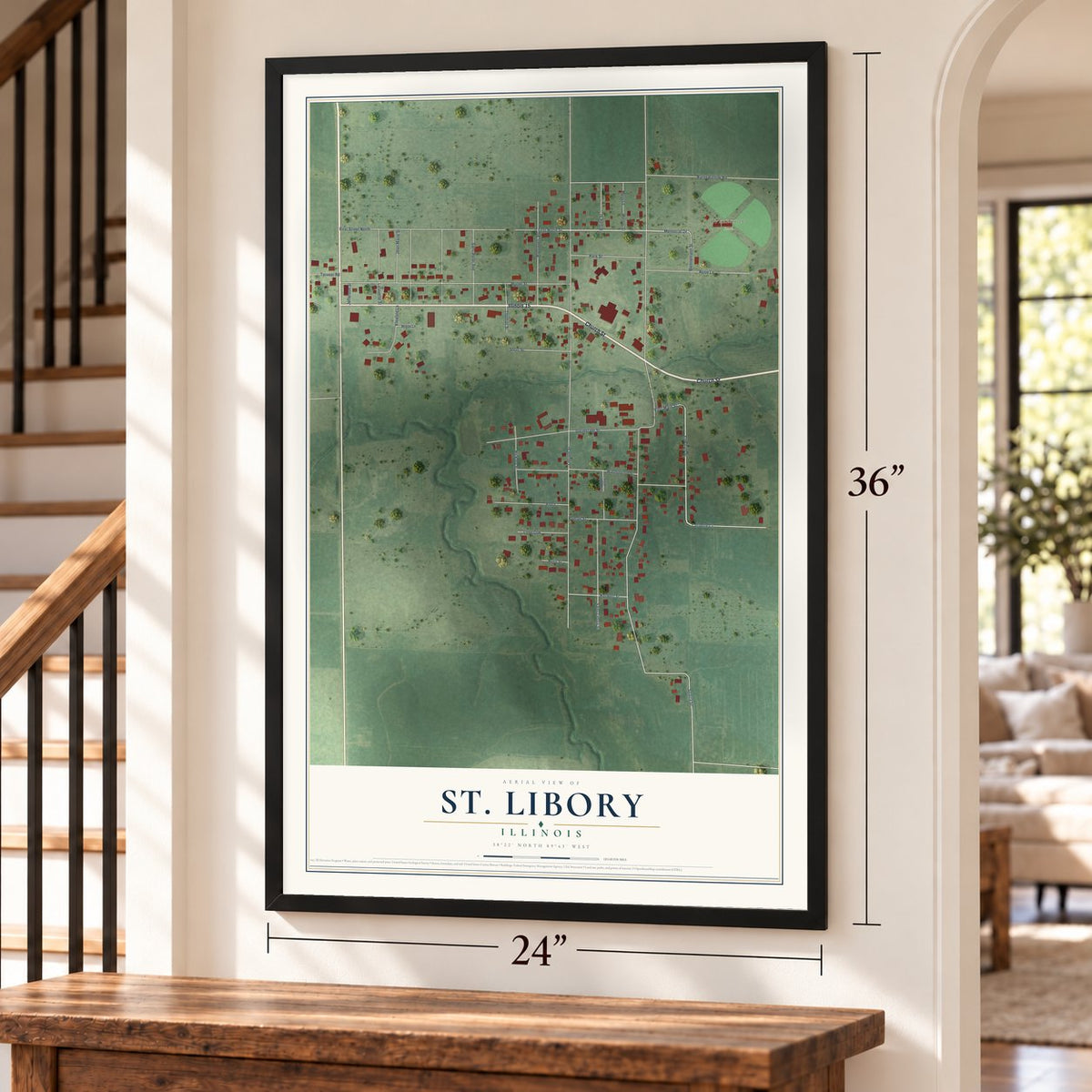 St. Libory, Illinois map, 24 x 36 inch print in a black frame by a staircase
