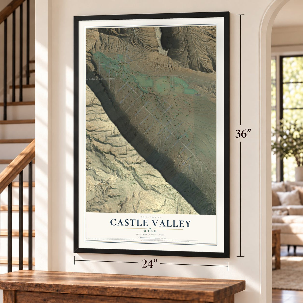 Castle Valley, Utah map, 24 x 36 inch print in a black frame by a staircase