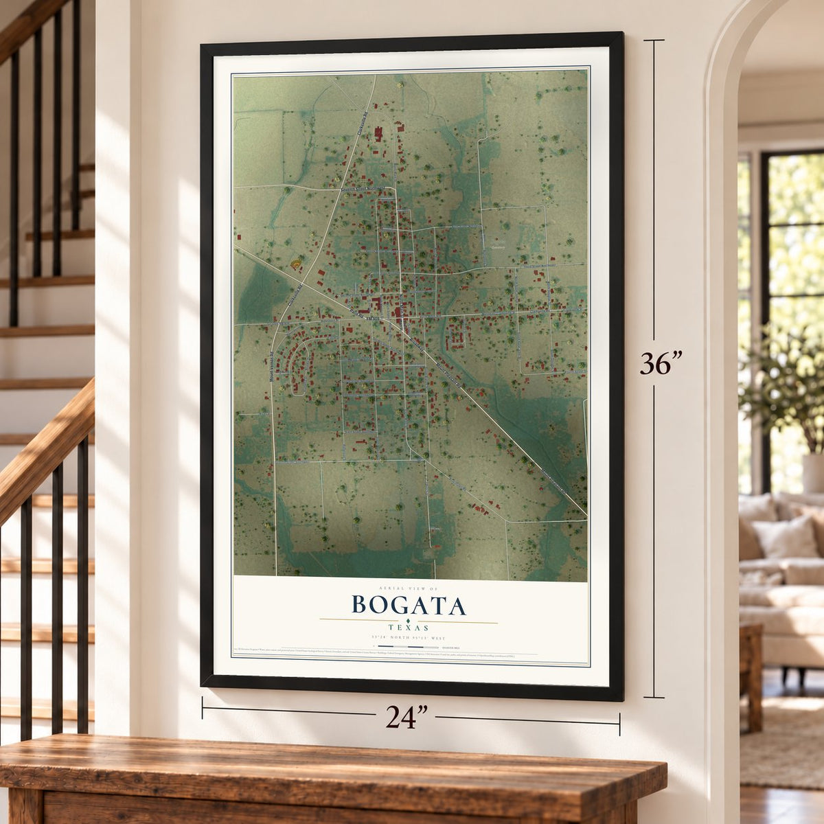 Bogata, Texas map, 24 x 36 inch print in a black frame by a staircase