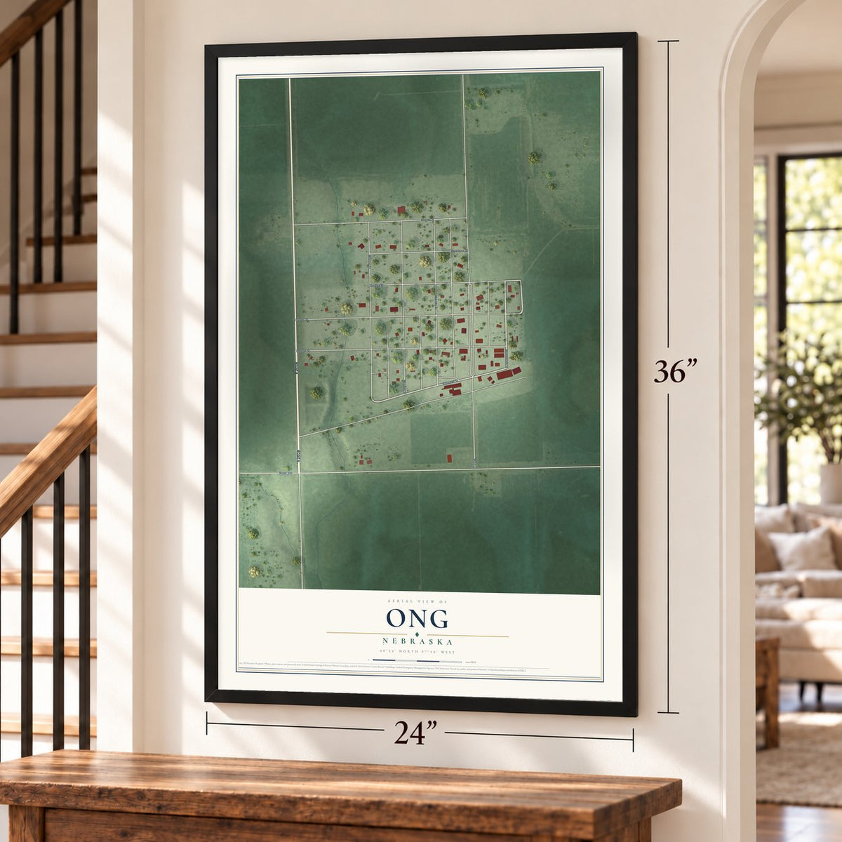 Ong, Nebraska map, 24 x 36 inch print in a black frame by a staircase