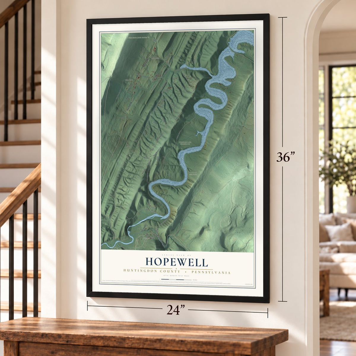 Hopewell, Huntingdon County, Pennsylvania map, 24 x 36 inch print in a black frame by a staircase
