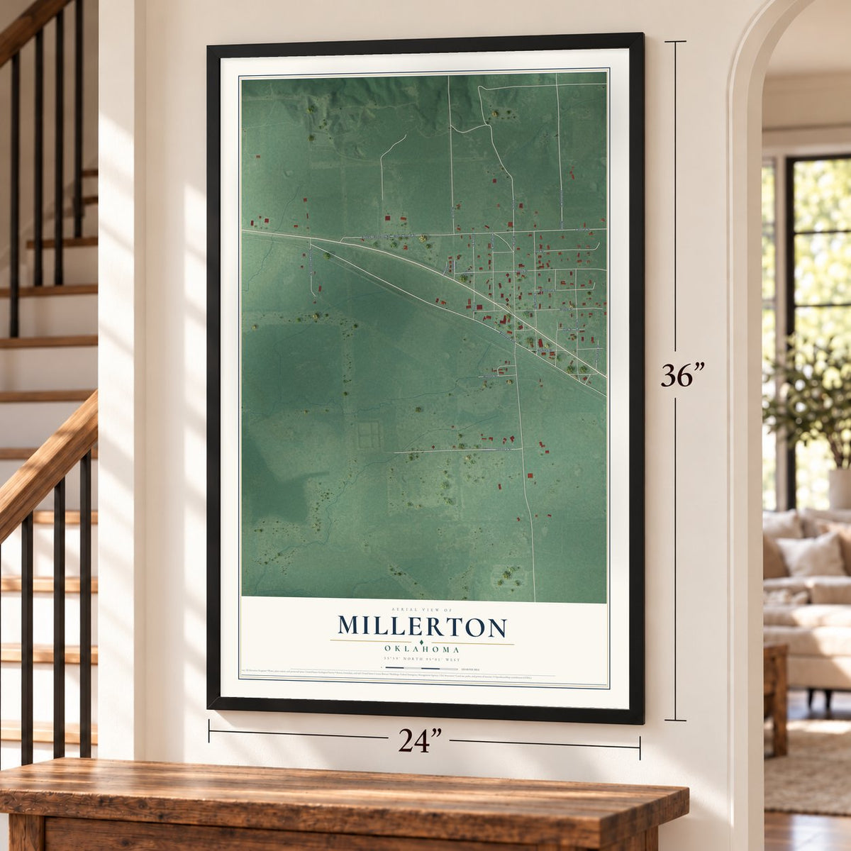 Millerton, Oklahoma map, 24 x 36 inch print in a black frame by a staircase