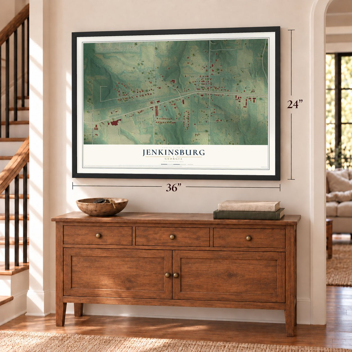 Jenkinsburg, Georgia map, 24 x 36 inch print in a black frame above a dresser by a staircase