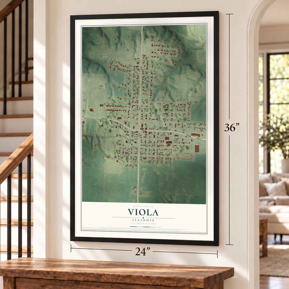 Viola, Illinois map, 24 x 36 inch print in a black frame by a staircase