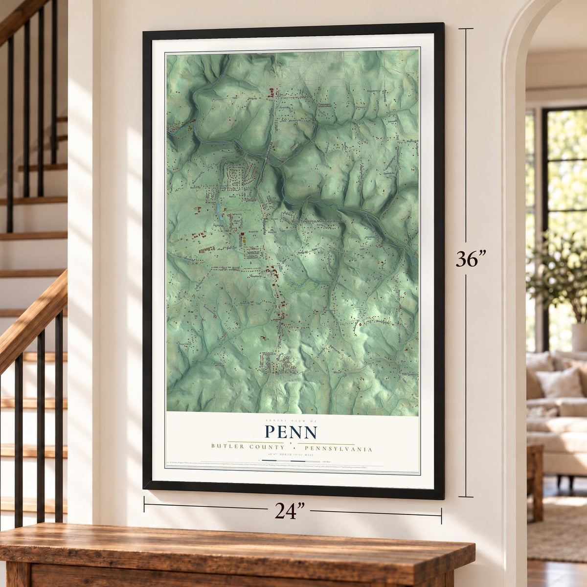 Penn, Butler County, Pennsylvania map, 24 x 36 inch print in a black frame by a staircase