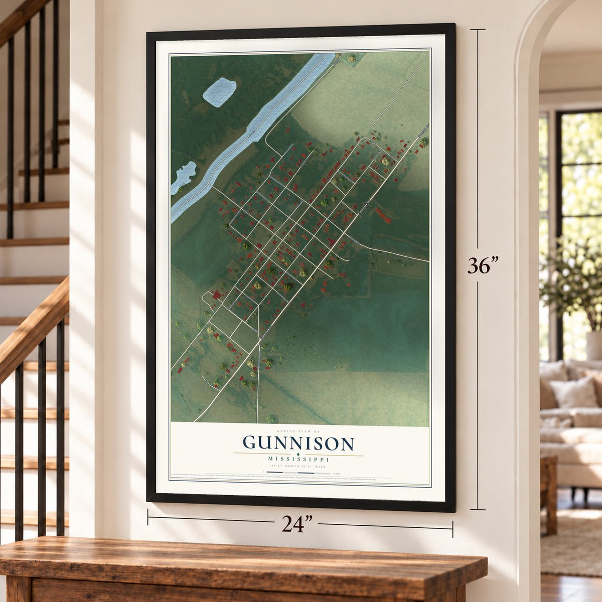 Gunnison, Mississippi map, 24 x 36 inch print in a black frame by a staircase