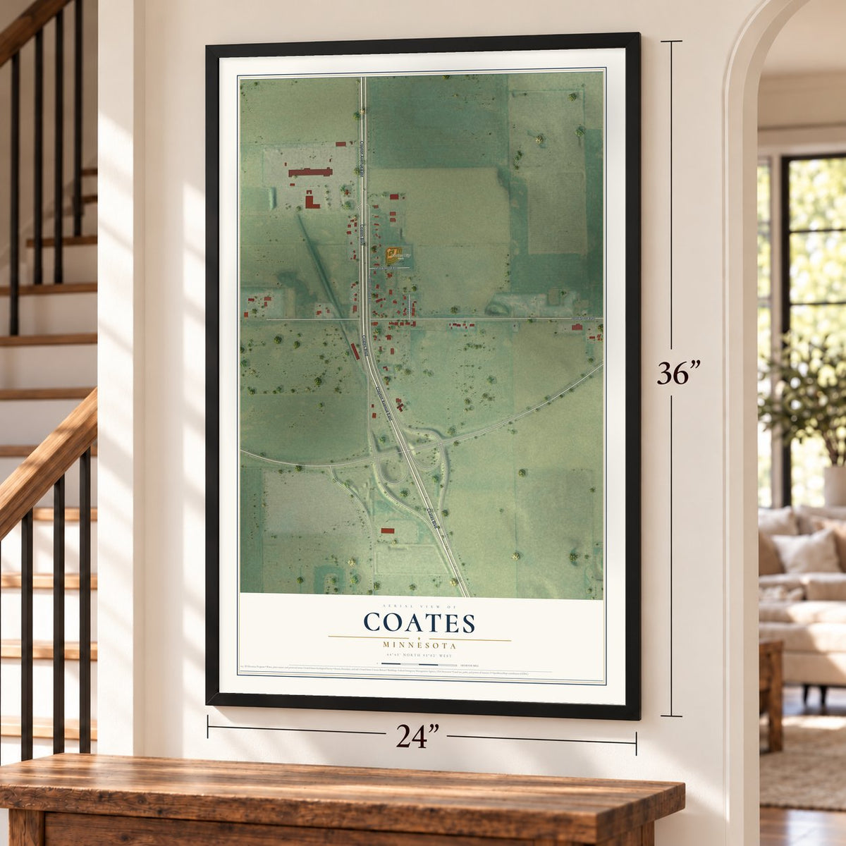 Coates, Minnesota map, 24 x 36 inch print in a black frame by a staircase