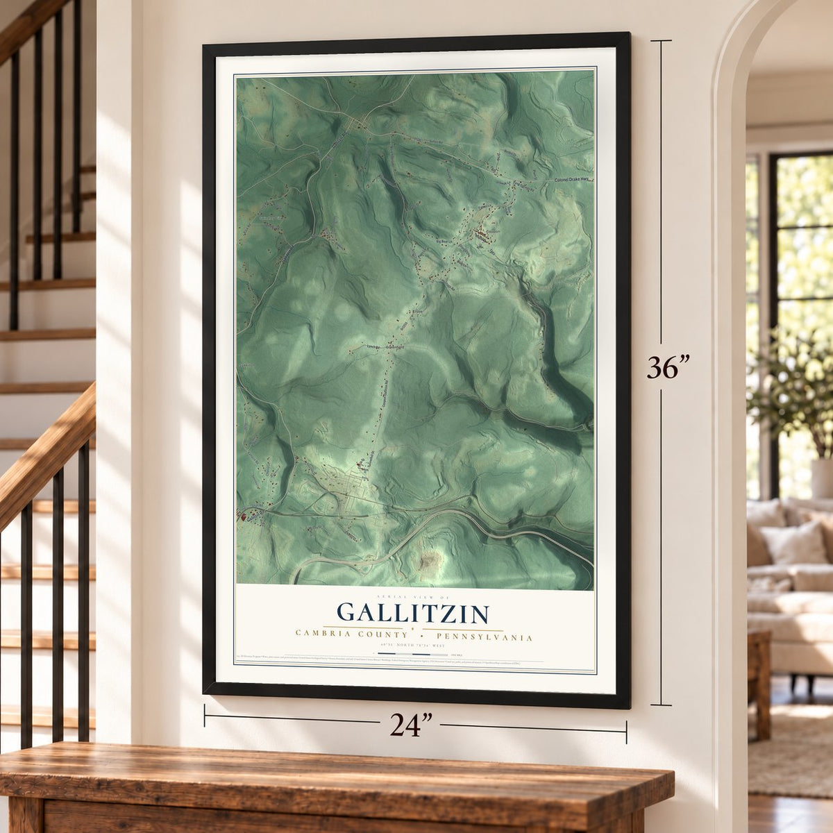 Gallitzin, Cambria County, Pennsylvania map, 24 x 36 inch print in a black frame by a staircase