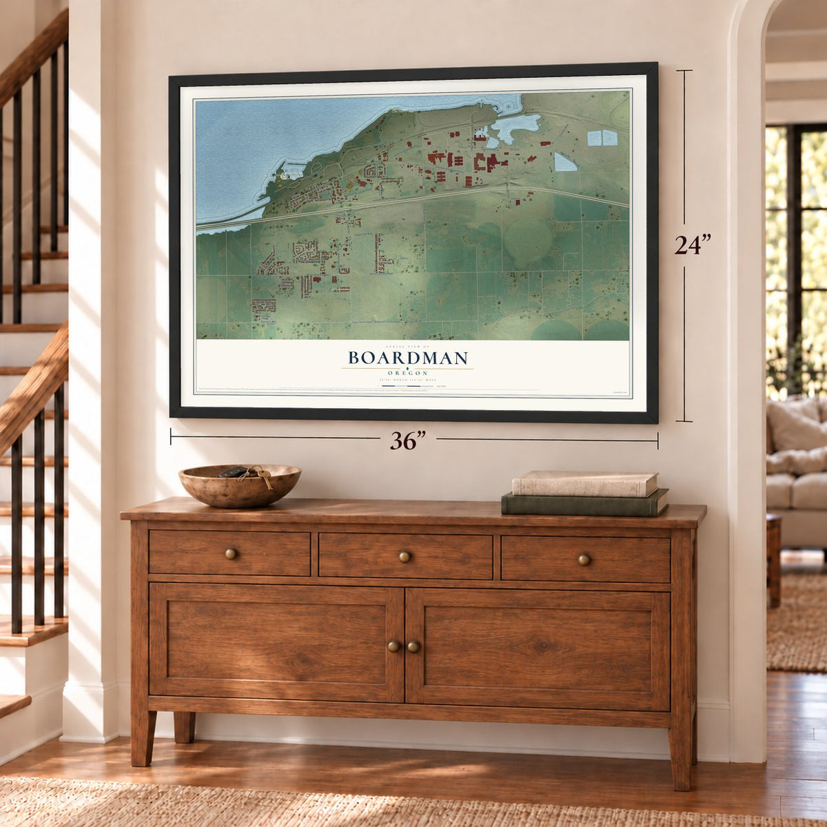 Boardman, Oregon map, 24 x 36 inch print in a black frame above a dresser by a staircase