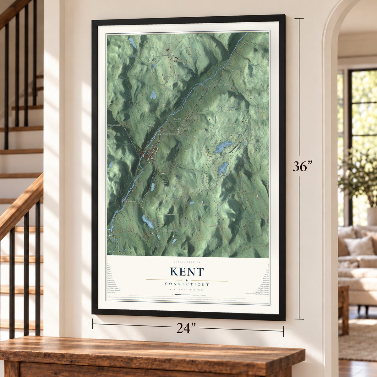 Kent, Connecticut map, 24 x 36 inch print in a black frame by a staircase