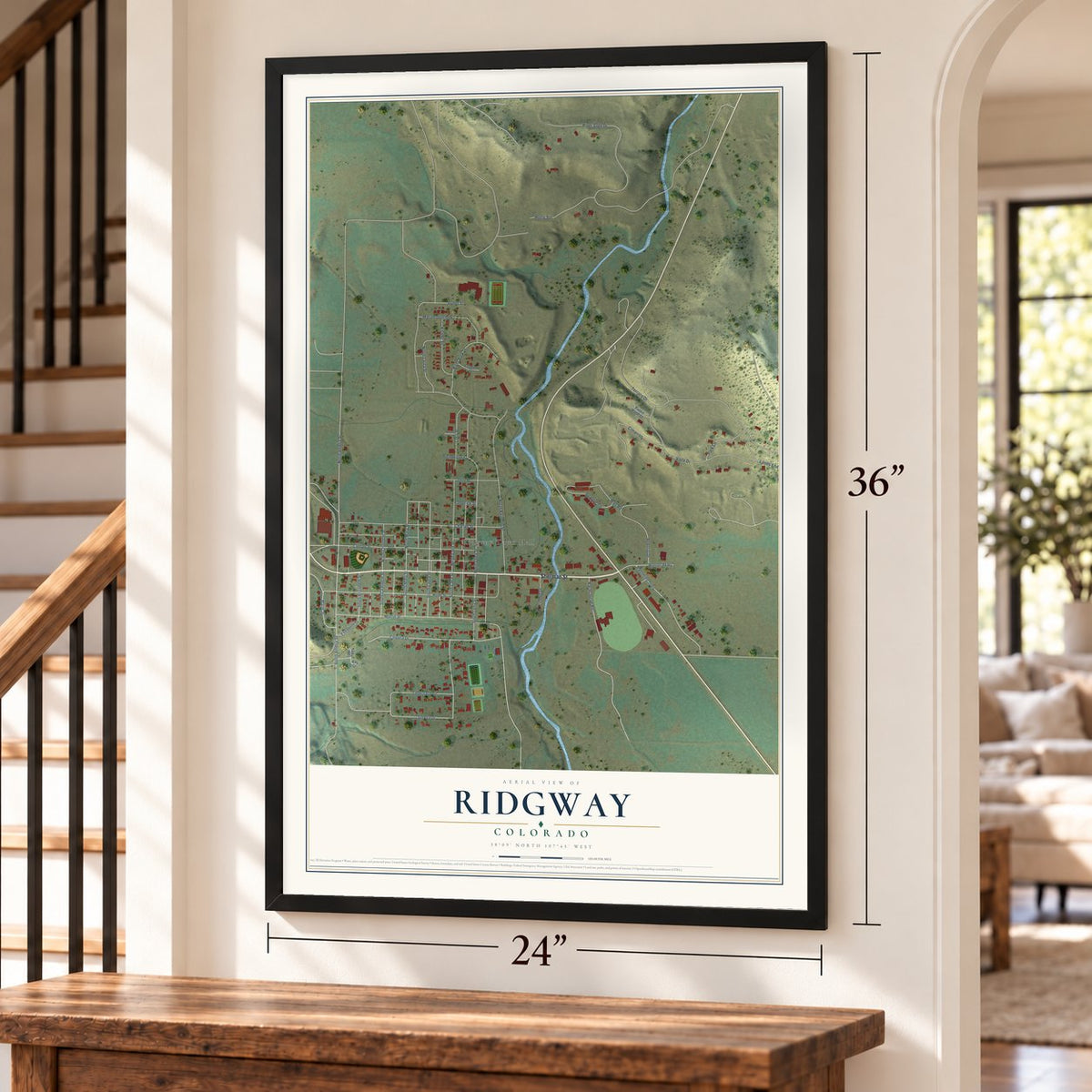 Ridgway, Colorado map, 24 x 36 inch print in a black frame by a staircase