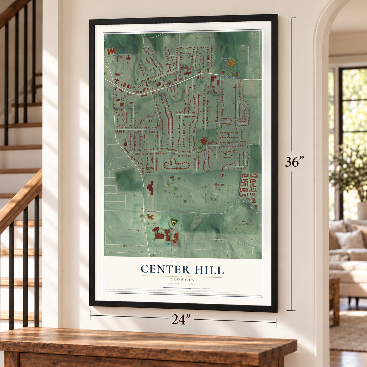 Center Hill, Georgia map, 24 x 36 inch print in a black frame by a staircase