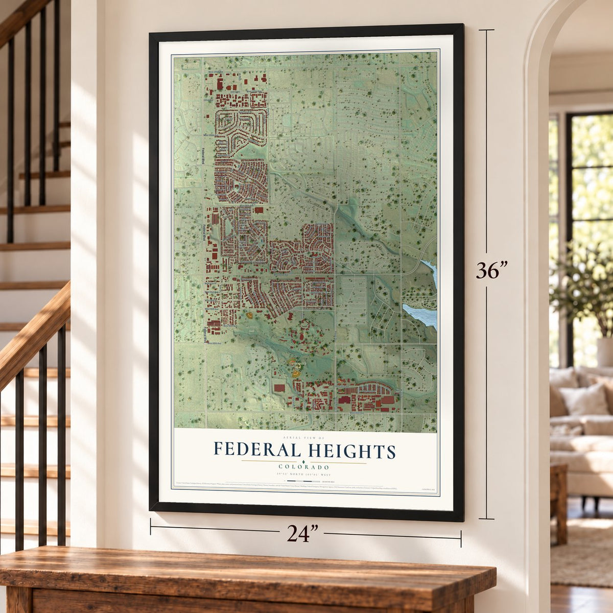 Federal Heights, Colorado map, 24 x 36 inch print in a black frame by a staircase