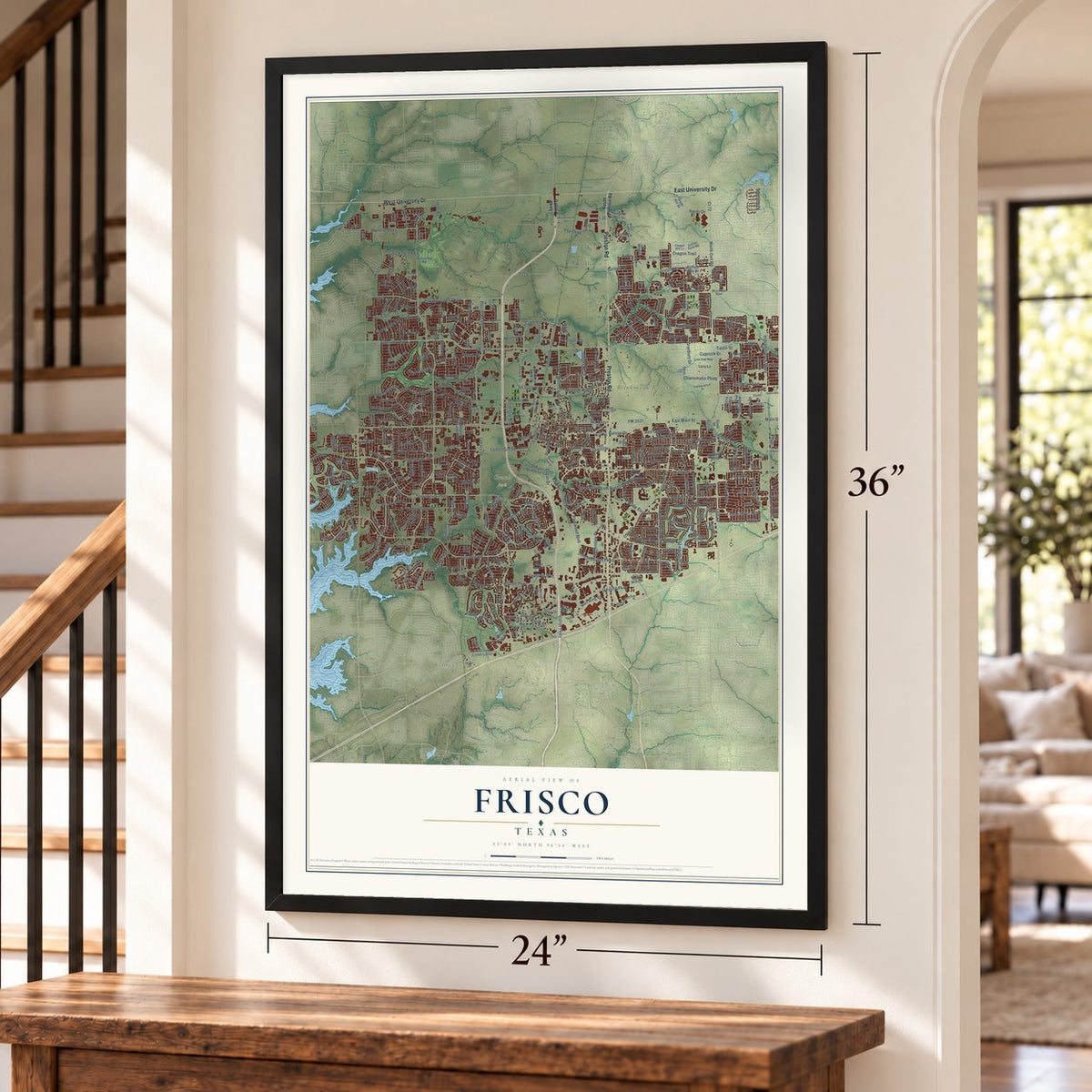 Frisco, Texas map, 24 x 36 inch print in a black frame by a staircase