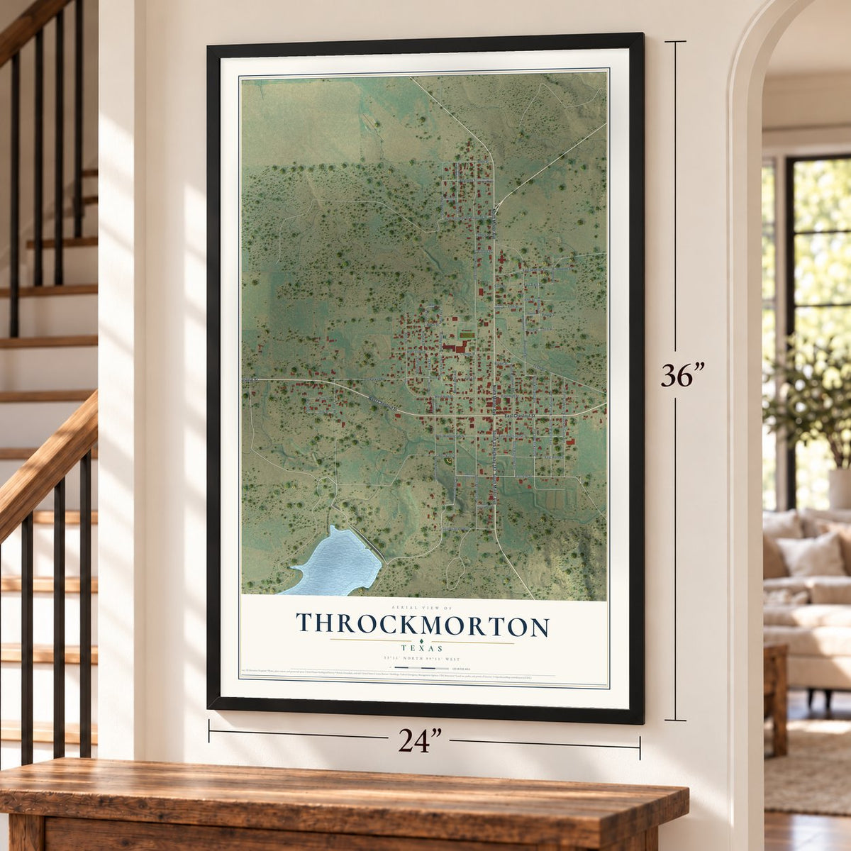 Throckmorton, Texas map, 24 x 36 inch print in a black frame by a staircase