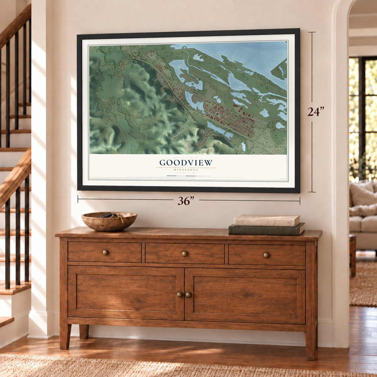 Goodview, Minnesota map, 24 x 36 inch print in a black frame above a dresser by a staircase