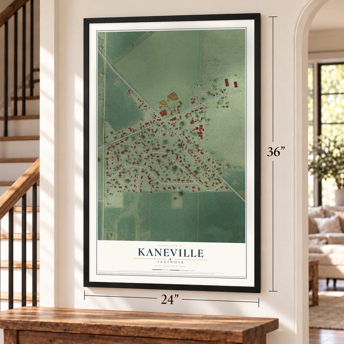 Kaneville, Illinois map, 24 x 36 inch print in a black frame by a staircase