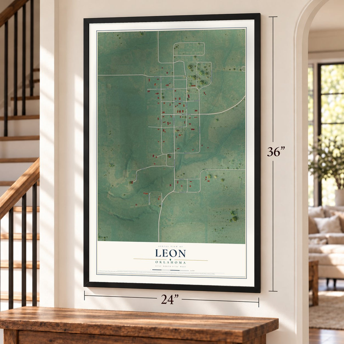 Leon, Oklahoma map, 24 x 36 inch print in a black frame by a staircase