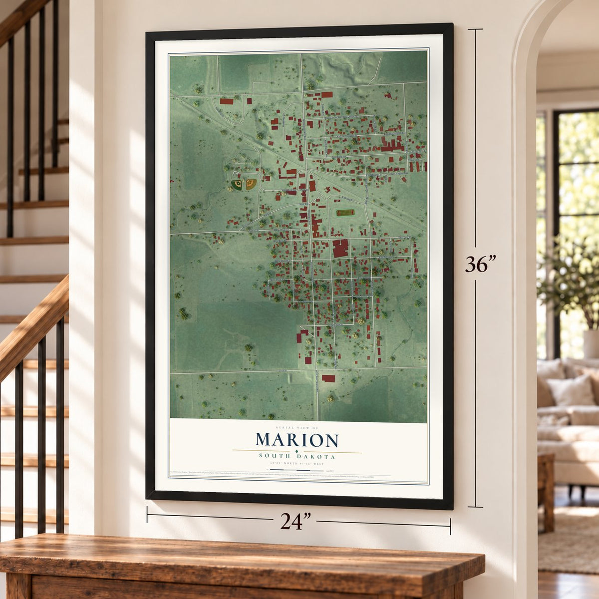 Marion, South Dakota map, 24 x 36 inch print in a black frame by a staircase