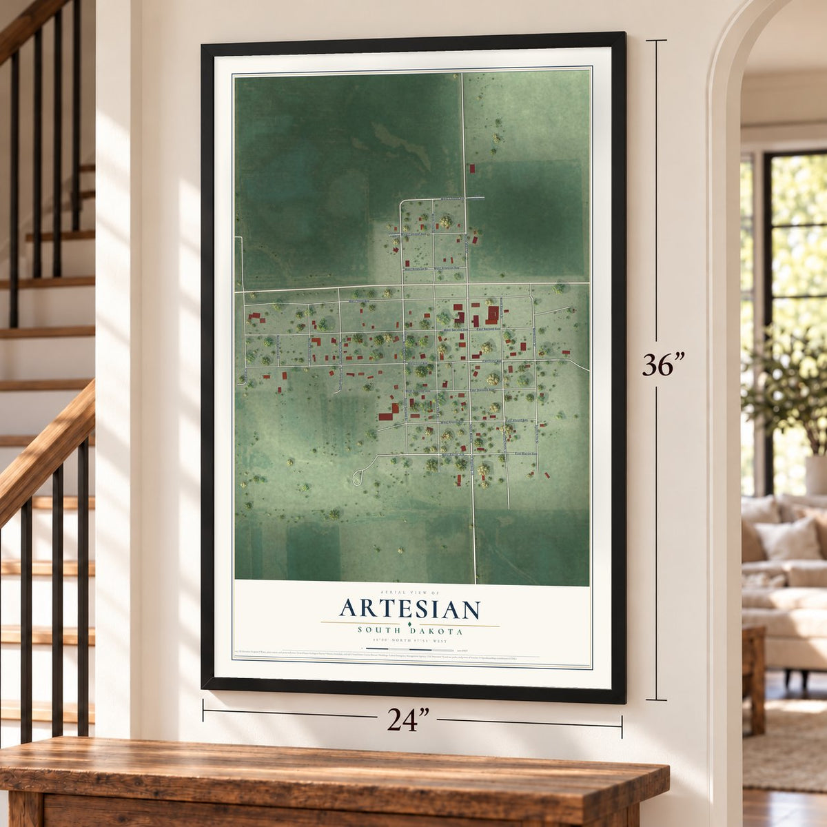 Artesian, South Dakota map, 24 x 36 inch print in a black frame by a staircase
