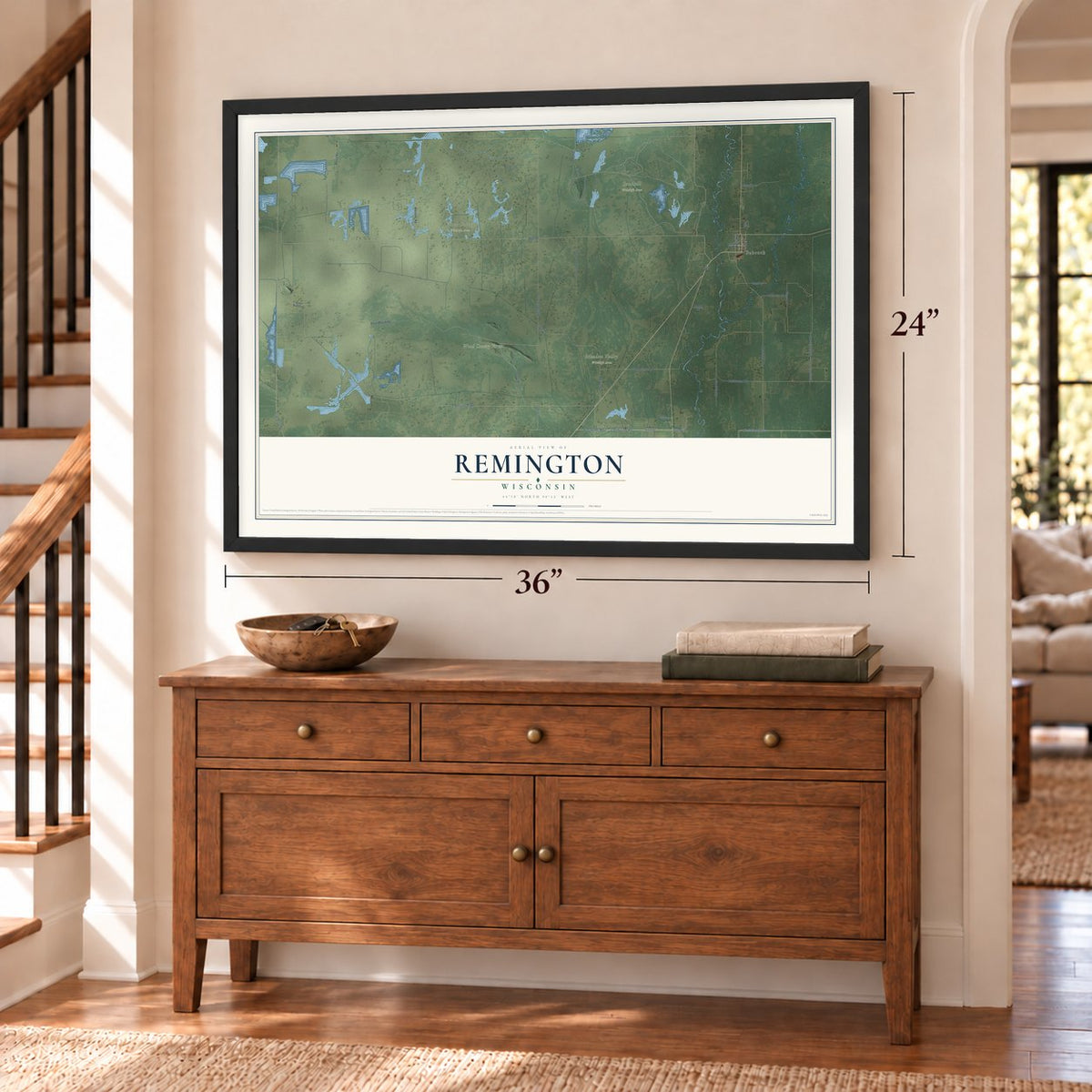 Remington, Wisconsin map, 24 x 36 inch print in a black frame above a dresser by a staircase