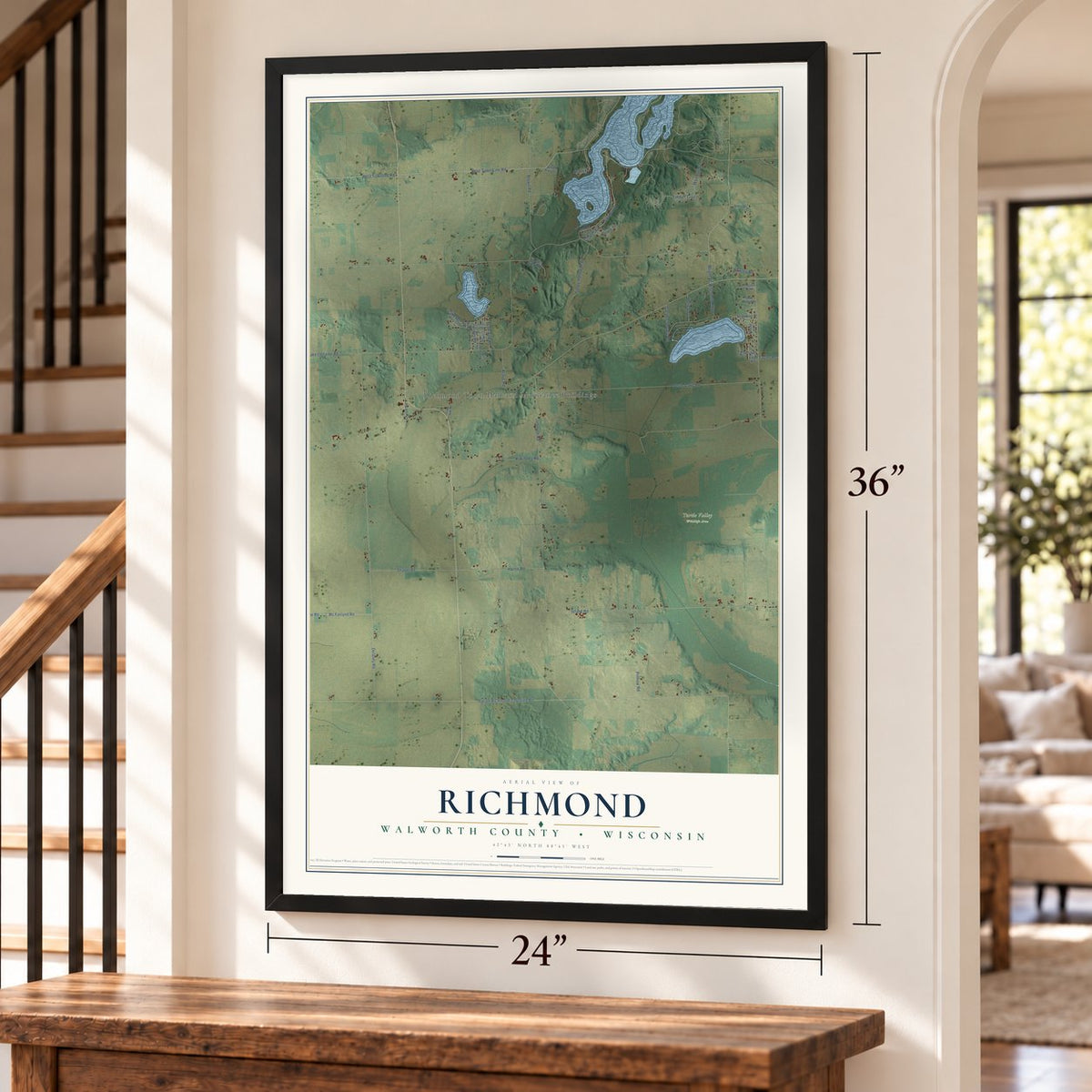 Richmond, Walworth County, Wisconsin map, 24 x 36 inch print in a black frame by a staircase