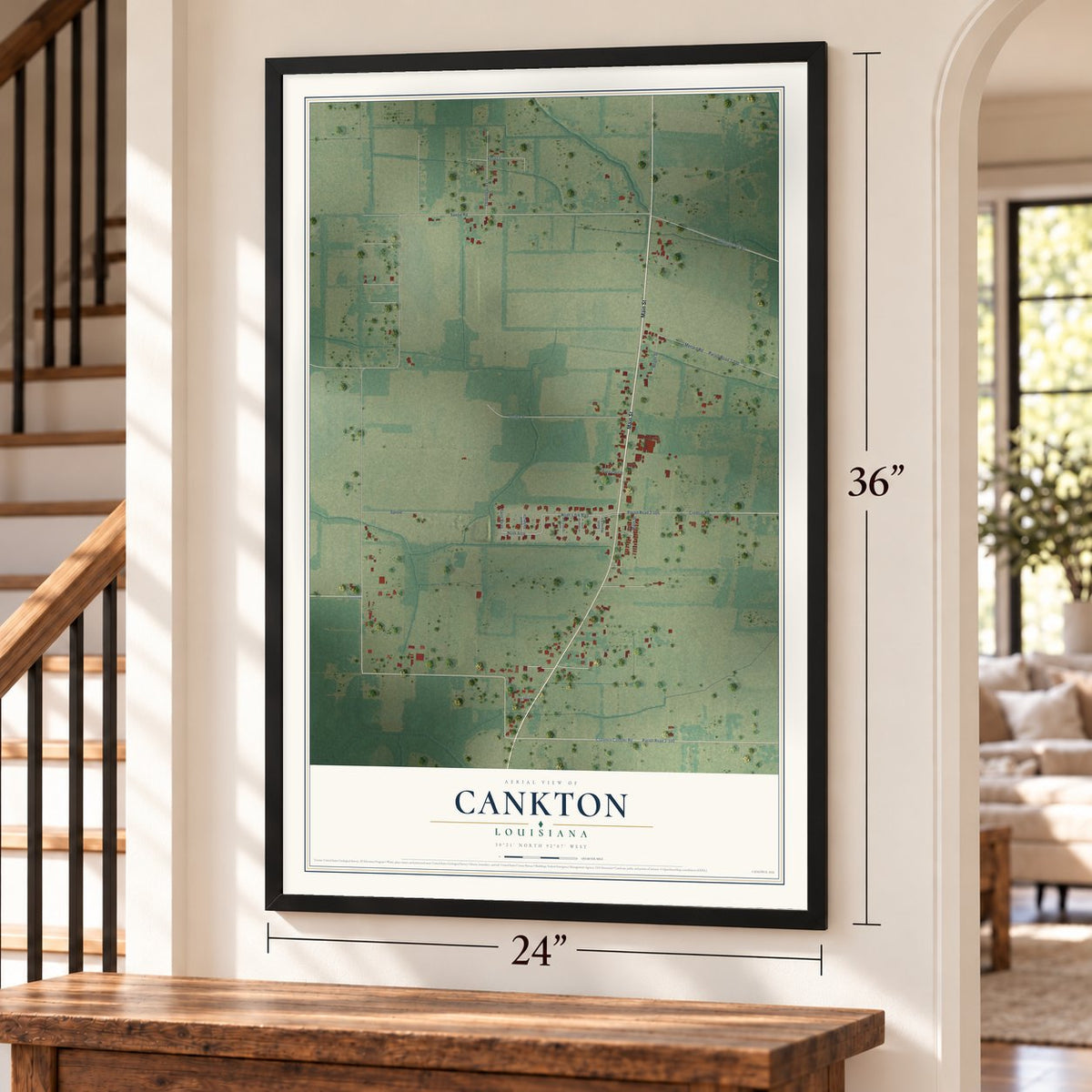 Cankton, Louisiana map, 24 x 36 inch print in a black frame by a staircase