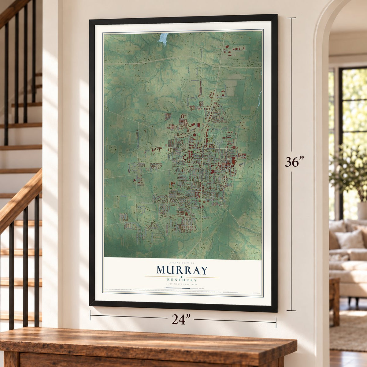 Murray, Kentucky map, 24 x 36 inch print in a black frame by a staircase