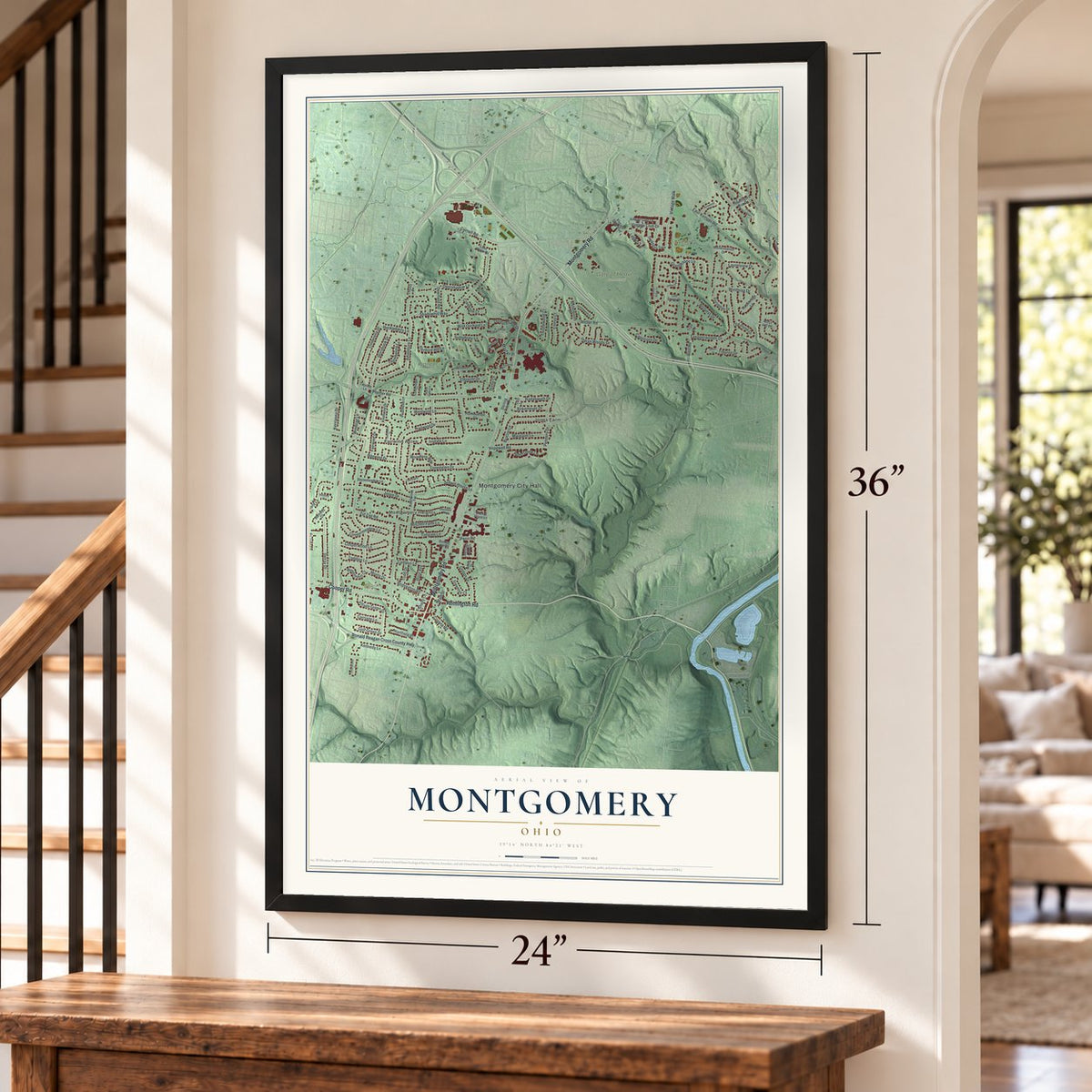 Montgomery, Ohio map, 24 x 36 inch print in a black frame by a staircase