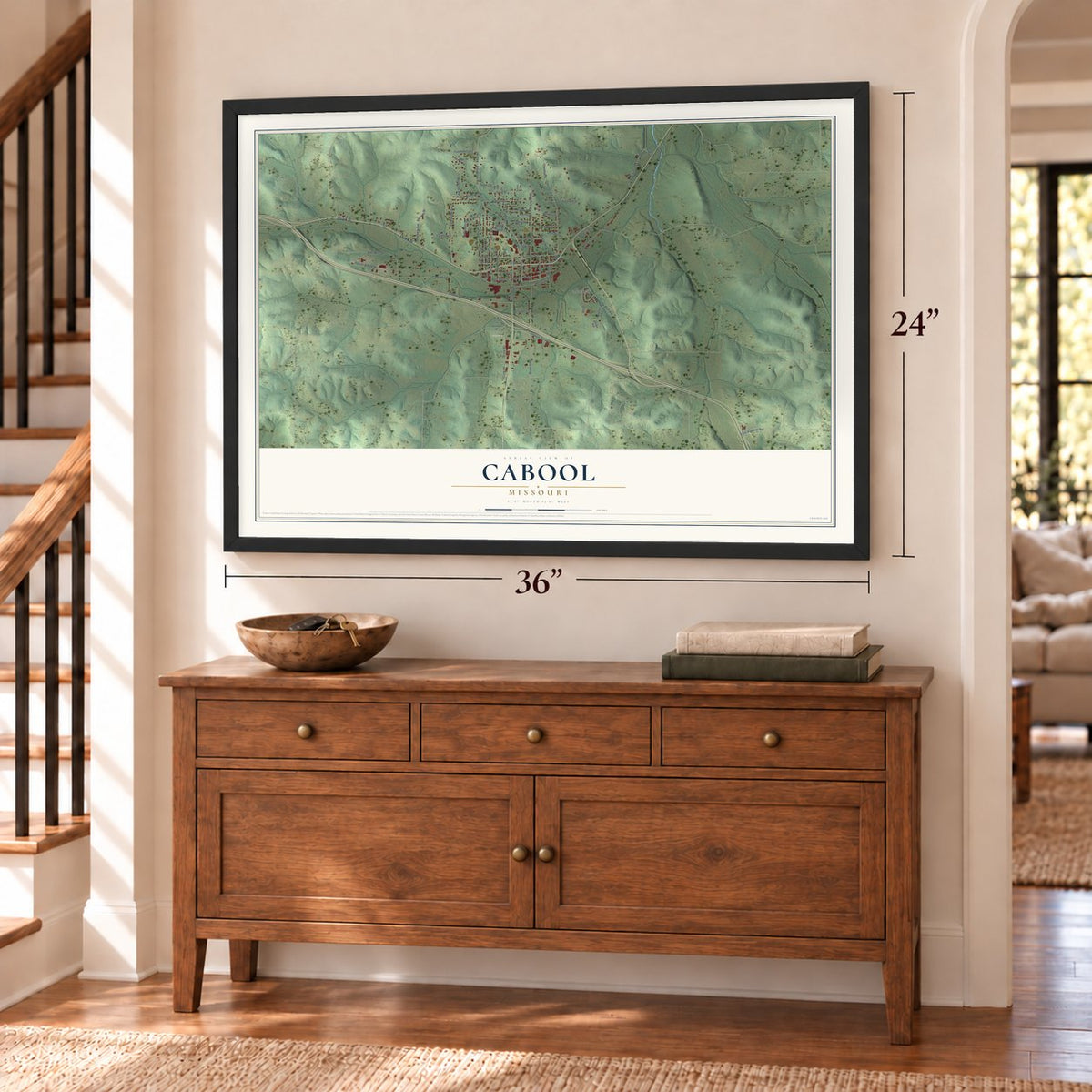 Cabool, Missouri map, 24 x 36 inch print in a black frame above a dresser by a staircase
