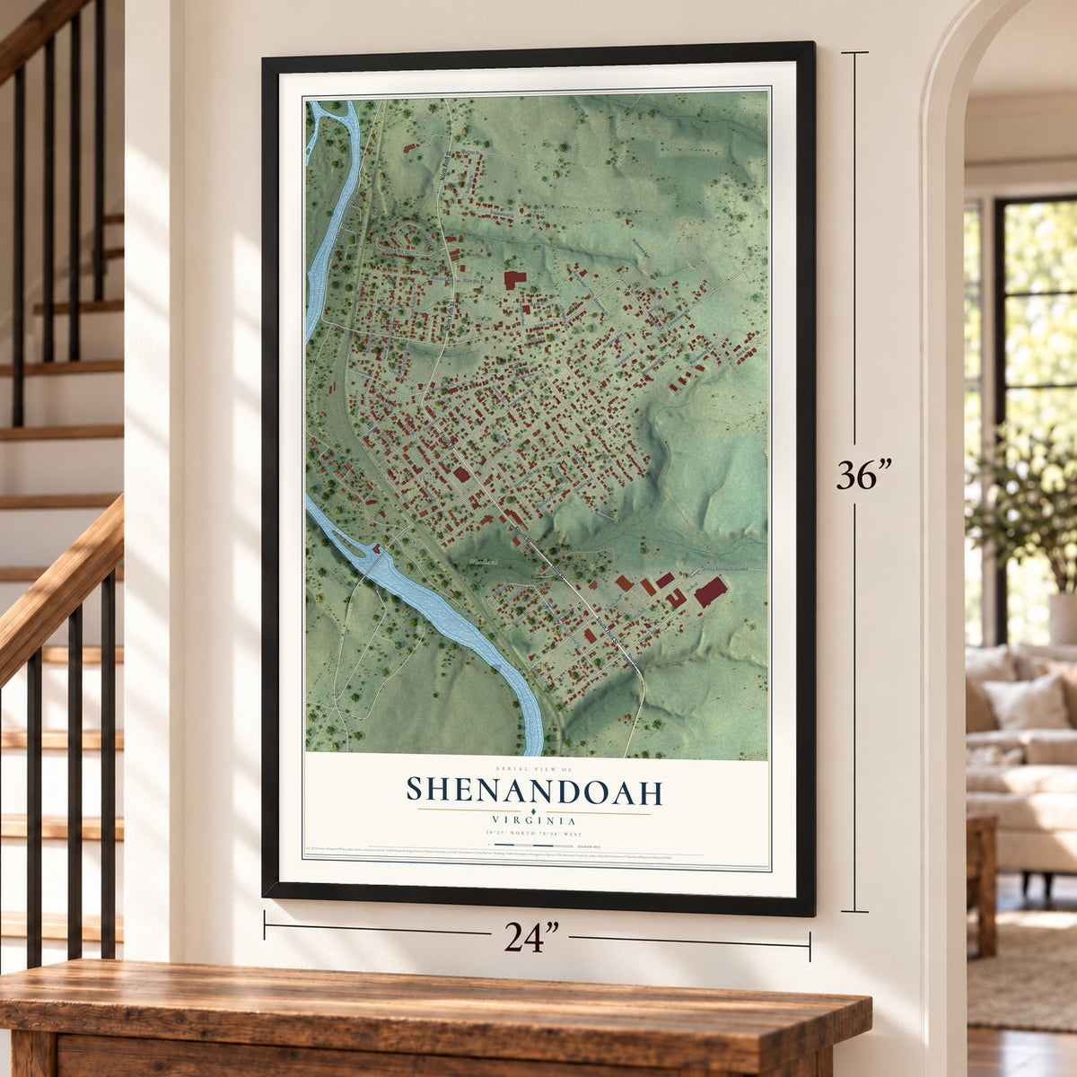 Shenandoah, Virginia map, 24 x 36 inch print in a black frame by a staircase