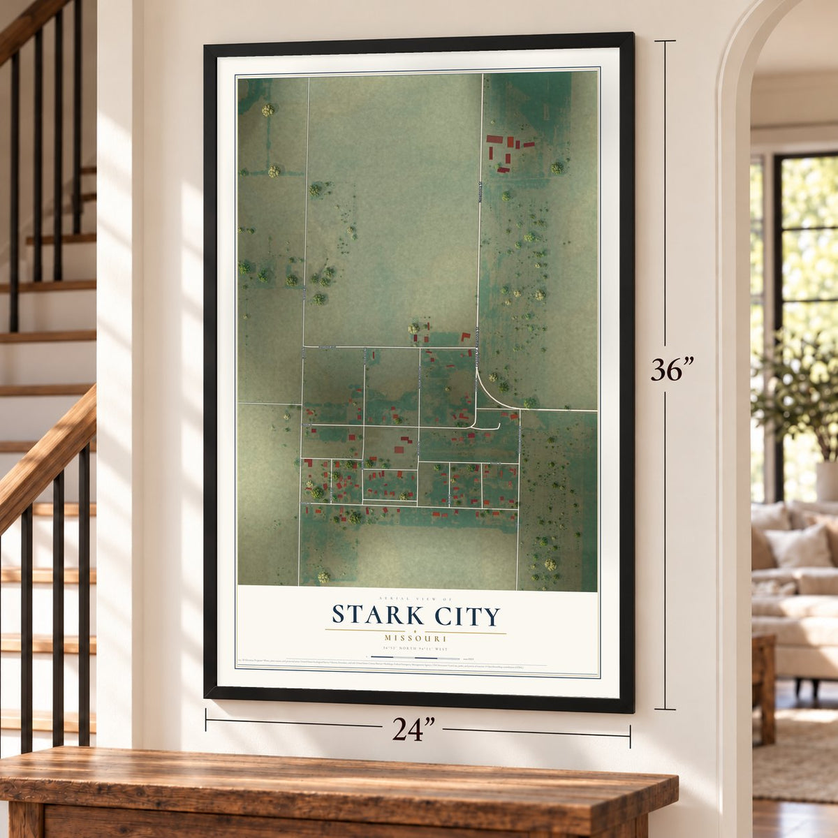 Stark City, Missouri map, 24 x 36 inch print in a black frame by a staircase