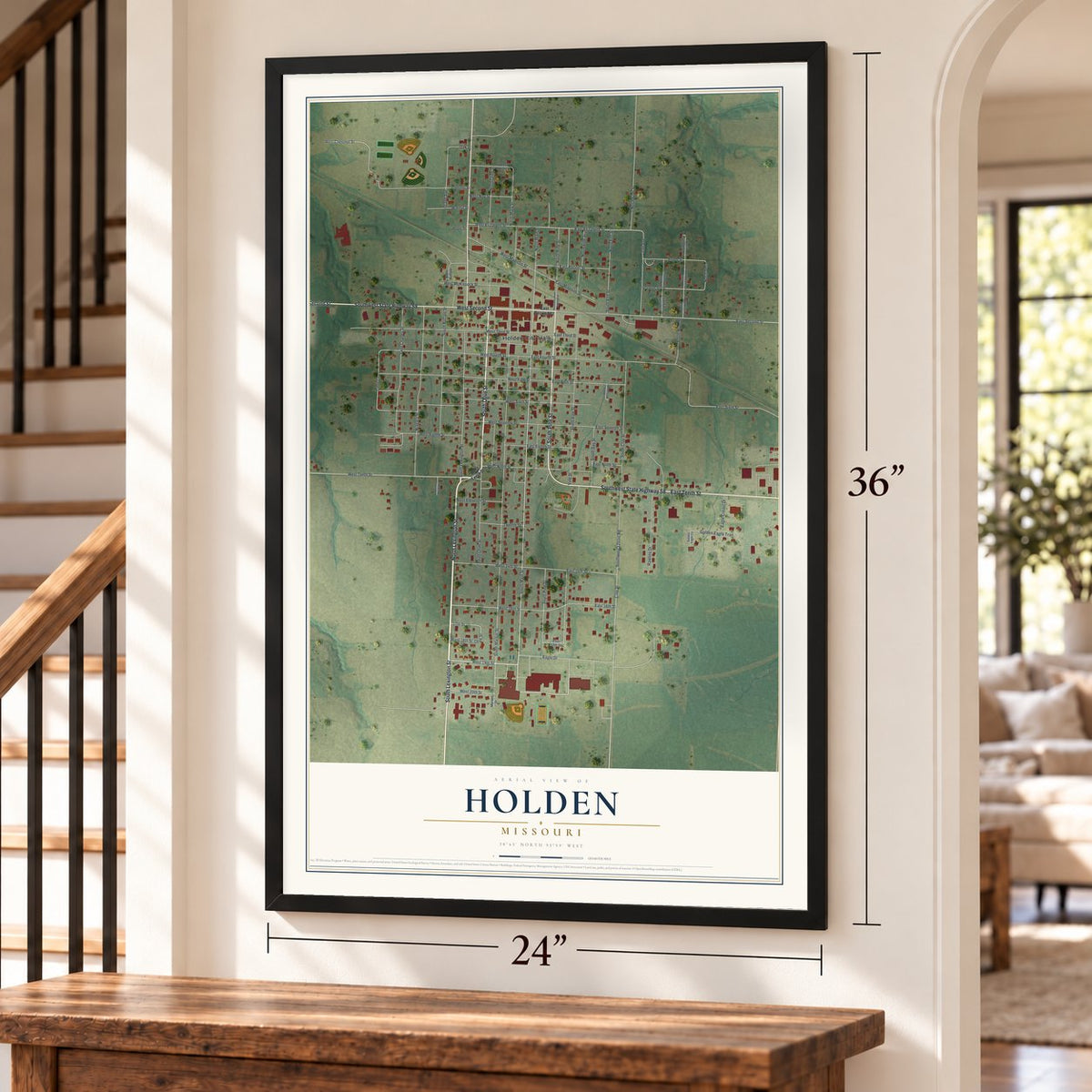 Holden, Missouri map, 24 x 36 inch print in a black frame by a staircase