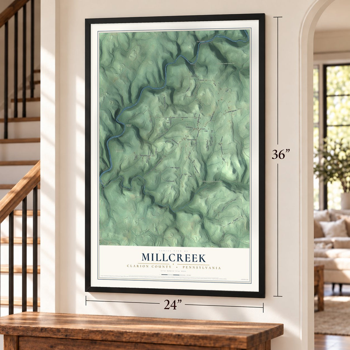 Millcreek, Clarion County, Pennsylvania map, 24 x 36 inch print in a black frame by a staircase
