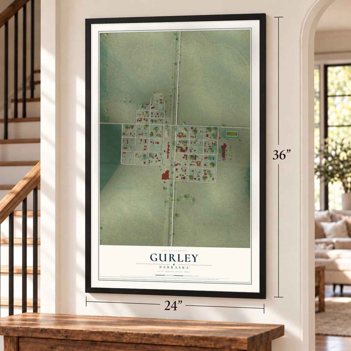 Gurley, Nebraska map, 24 x 36 inch print in a black frame by a staircase