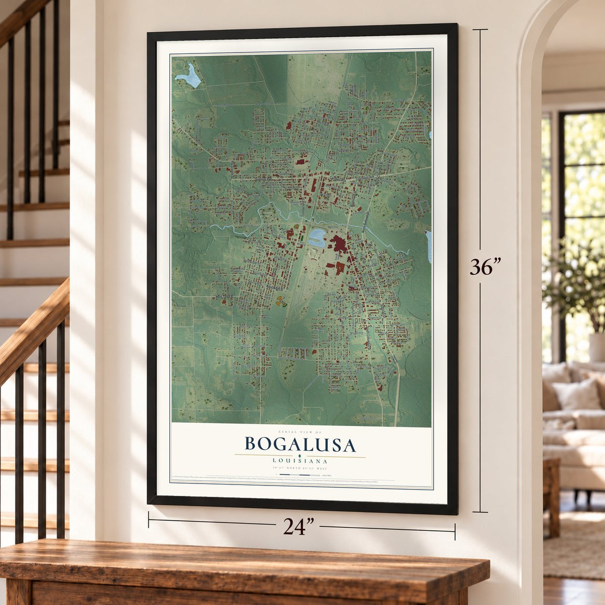 Bogalusa, Louisiana map, 24 x 36 inch print in a black frame by a staircase