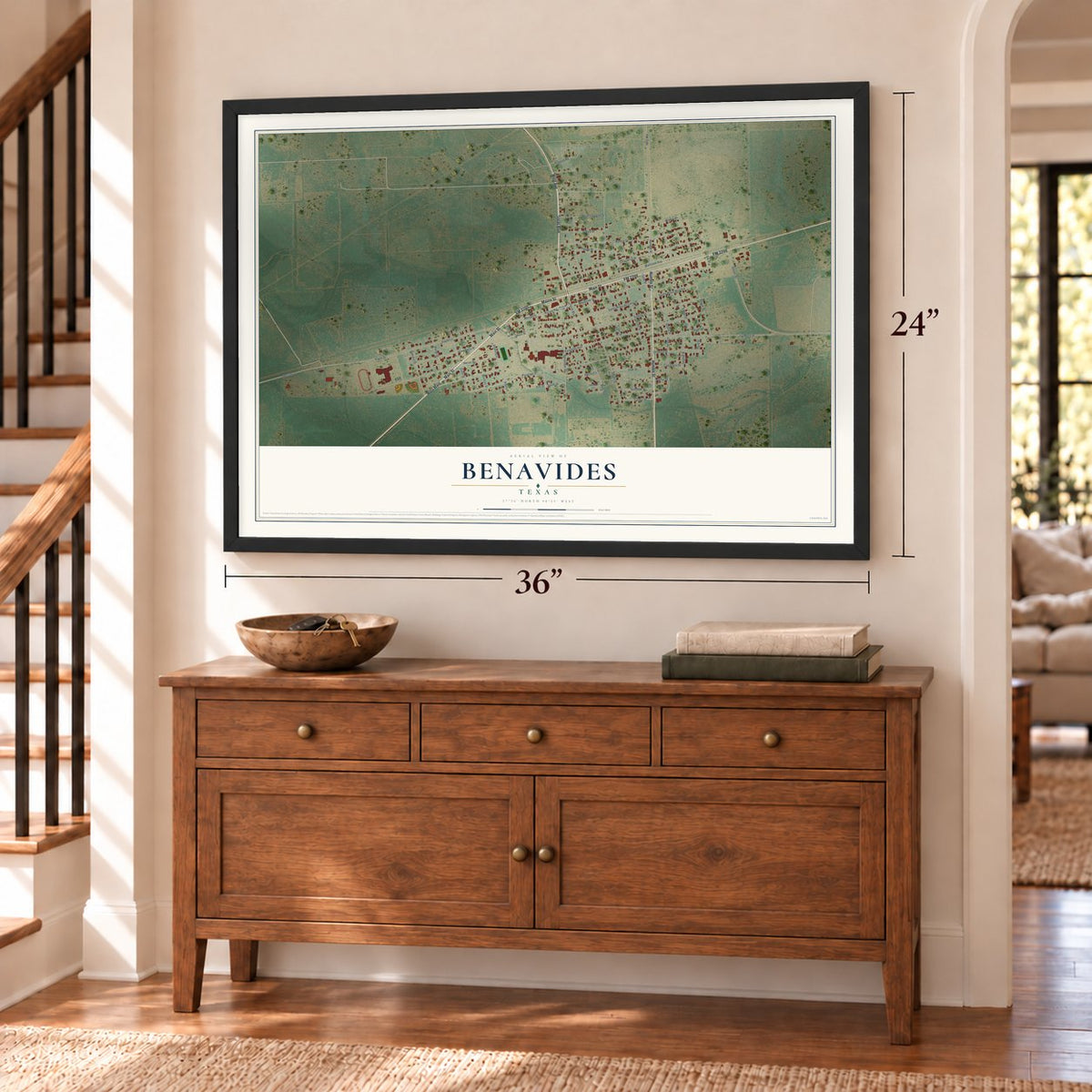 Benavides, Texas map, 24 x 36 inch print in a black frame above a dresser by a staircase