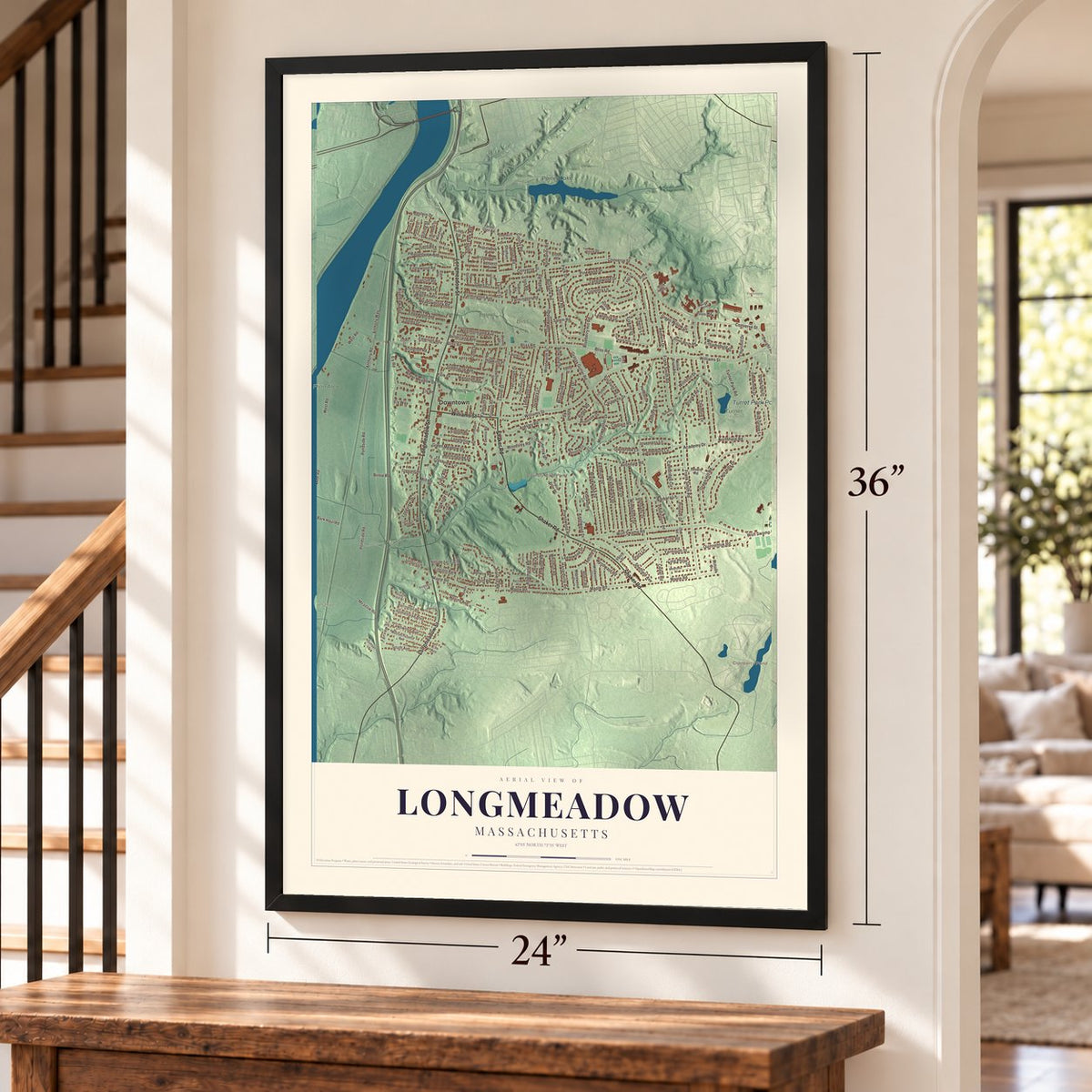 Longmeadow, Massachusetts map, 24 x 36 inch print in a black frame by a staircase