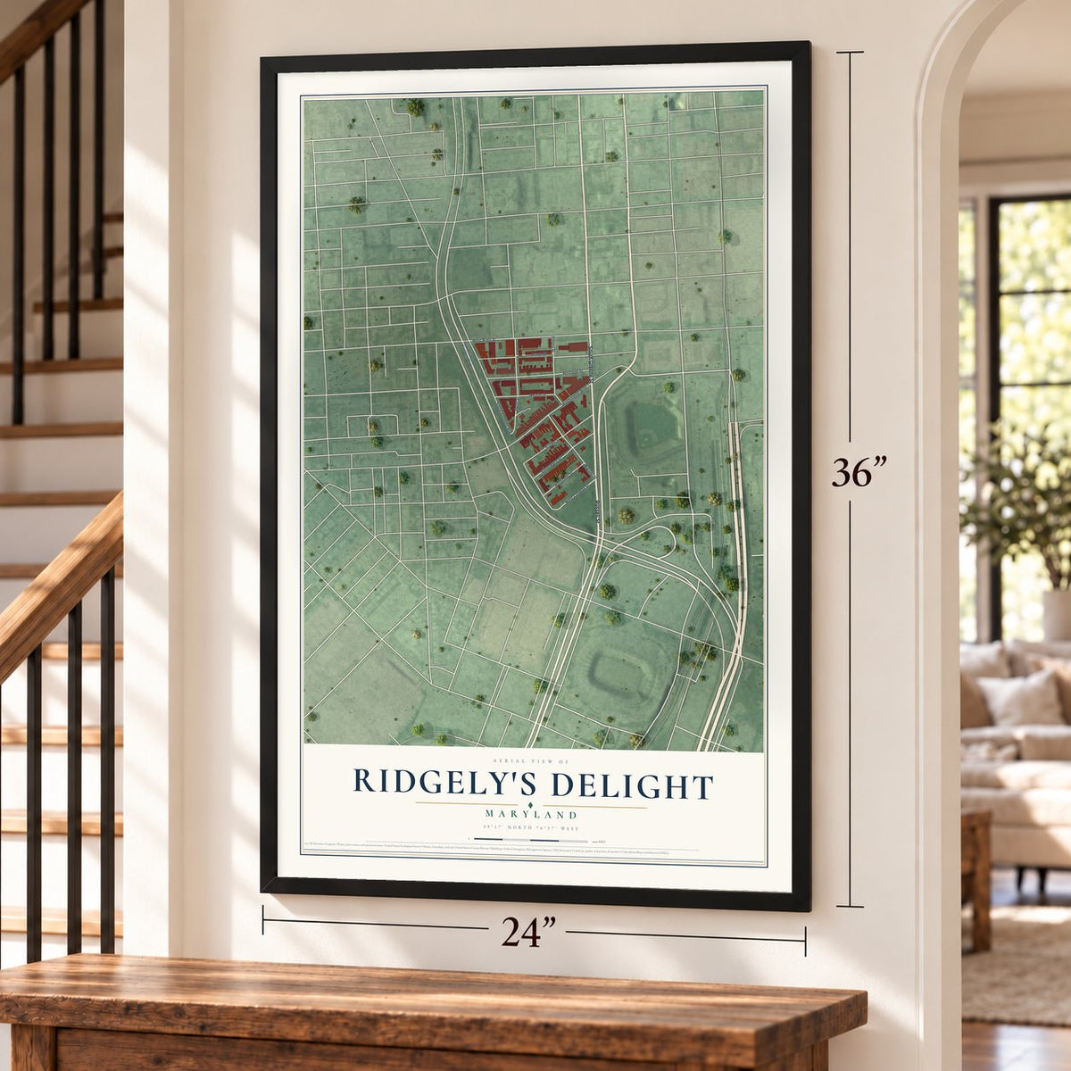 Ridgely's Delight, Maryland map, 24 x 36 inch print in a black frame by a staircase
