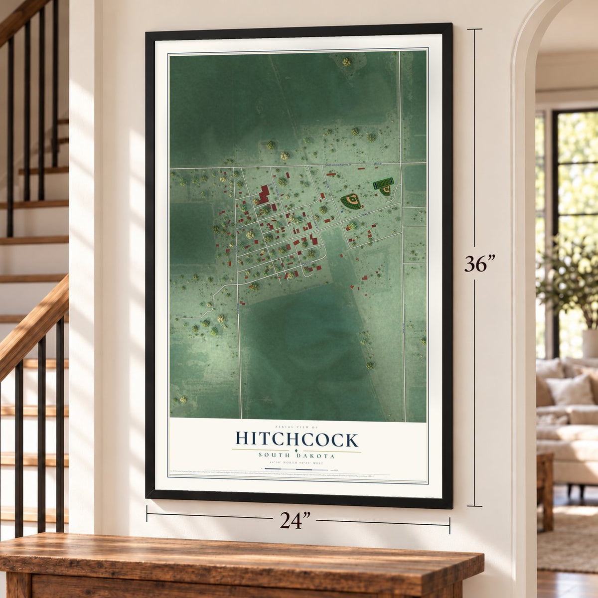 Hitchcock, South Dakota map, 24 x 36 inch print in a black frame by a staircase