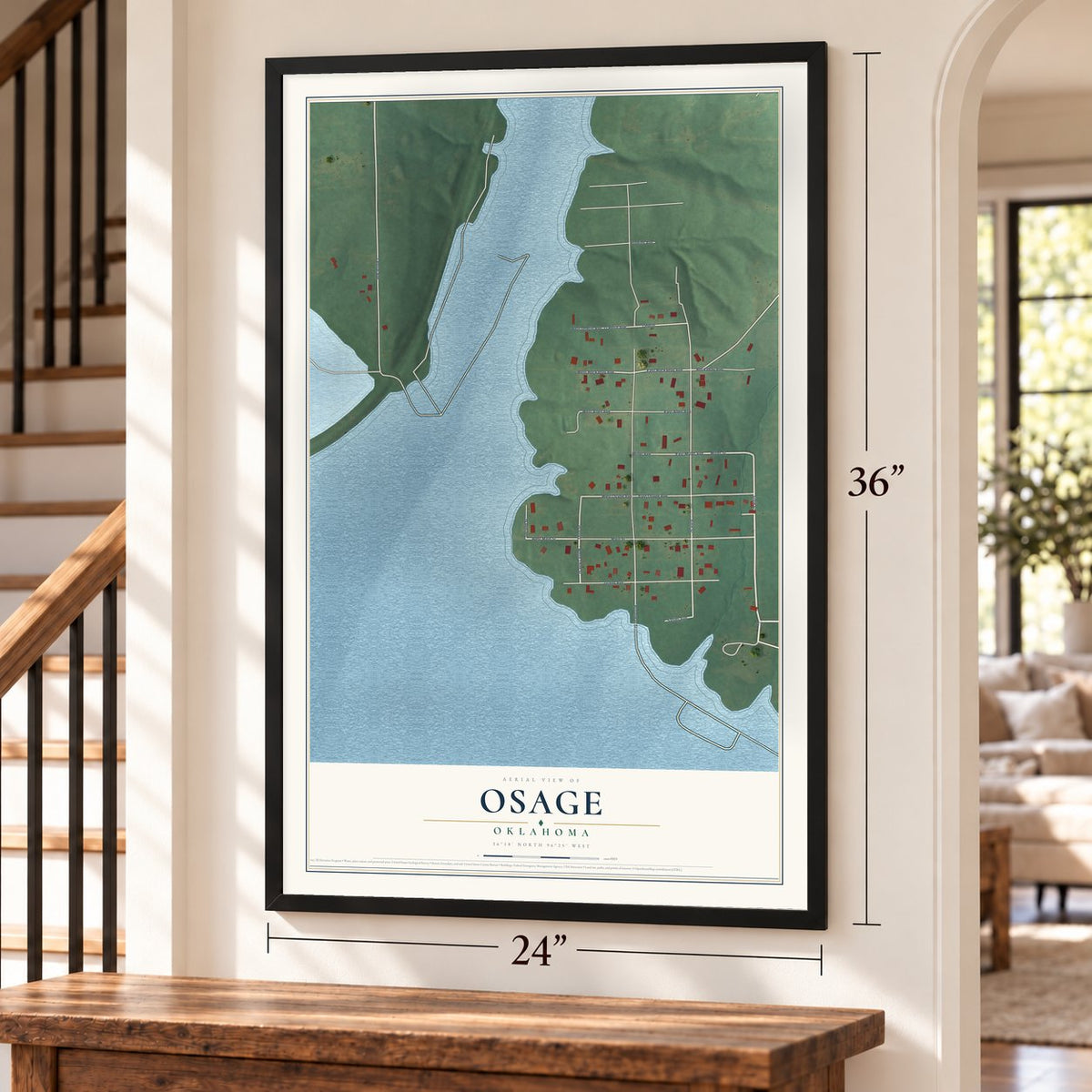 Osage, Oklahoma map, 24 x 36 inch print in a black frame by a staircase