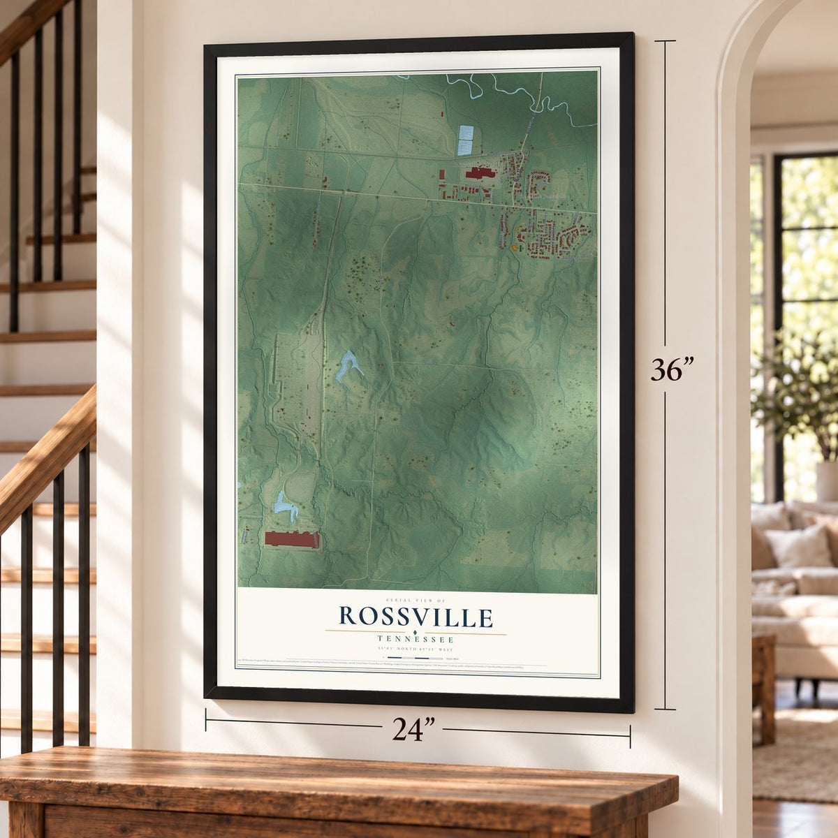 Rossville, Tennessee map, 24 x 36 inch print in a black frame by a staircase