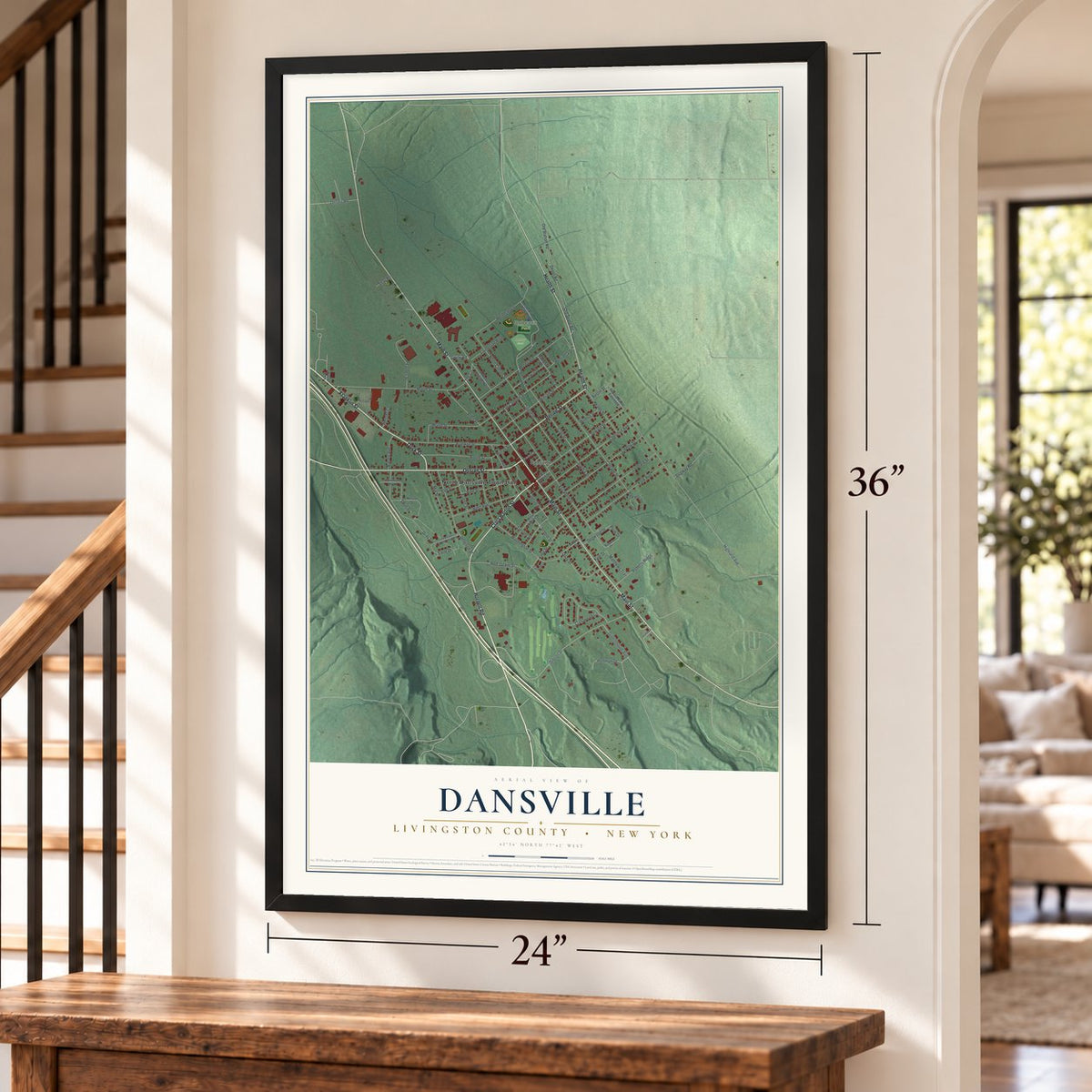Dansville, Livingston County, New York map, 24 x 36 inch print in a black frame by a staircase