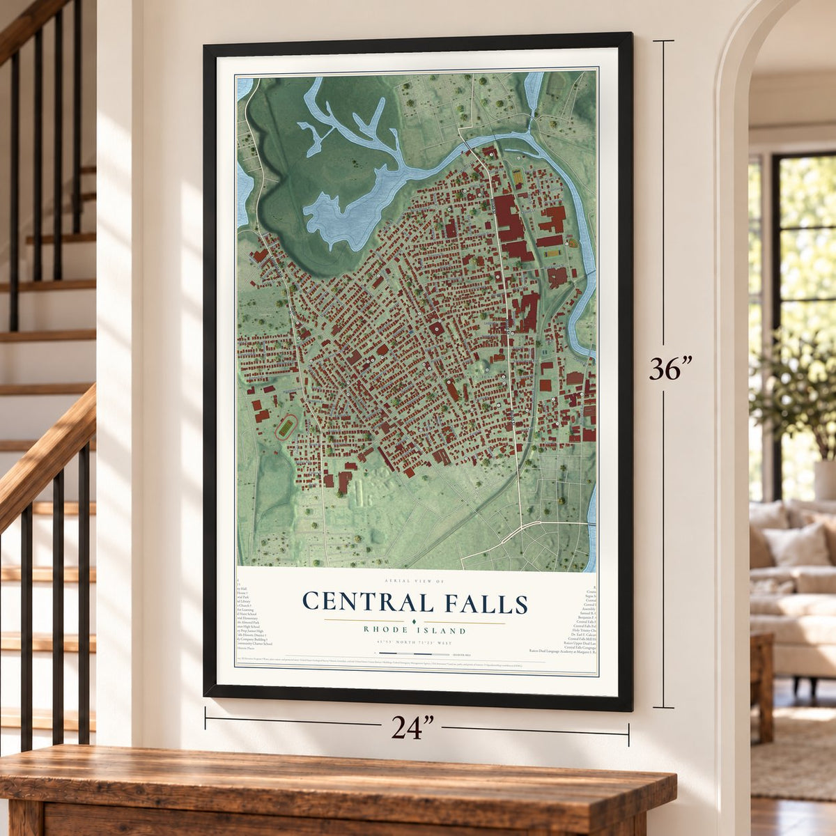 Central Falls, Rhode Island map, 24 x 36 inch print in a black frame by a staircase