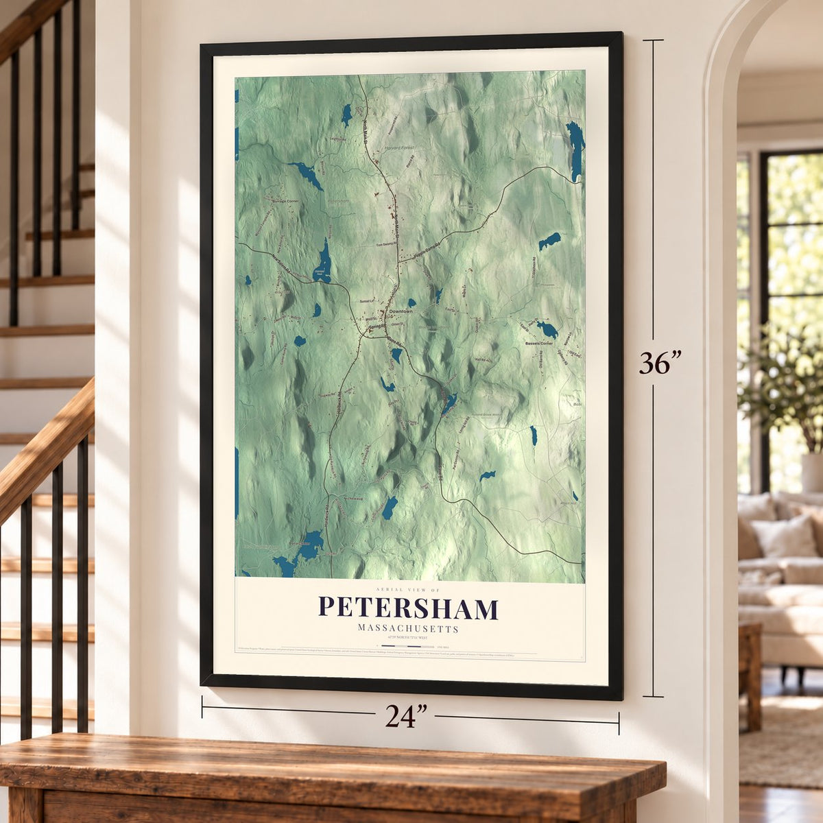Petersham, Massachusetts map, 24 x 36 inch print in a black frame by a staircase