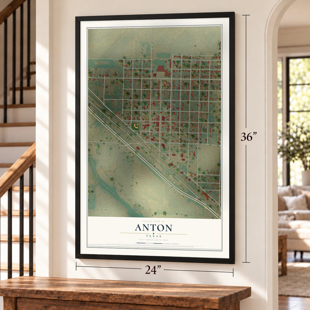 Anton, Texas map, 24 x 36 inch print in a black frame by a staircase
