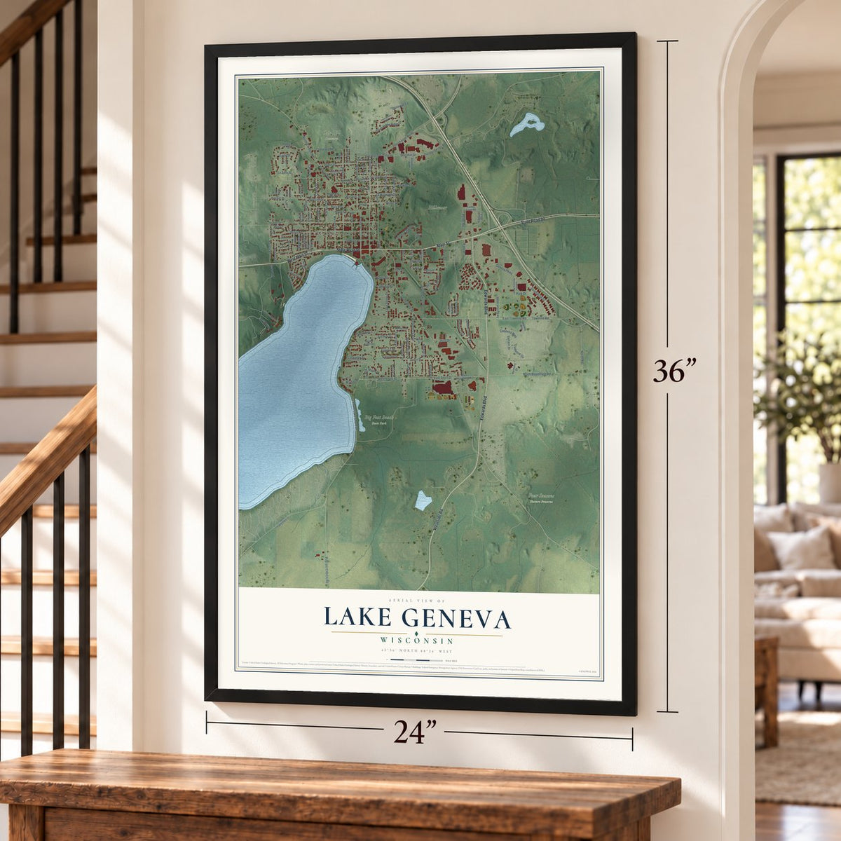 Lake Geneva, Wisconsin map, 24 x 36 inch print in a black frame by a staircase