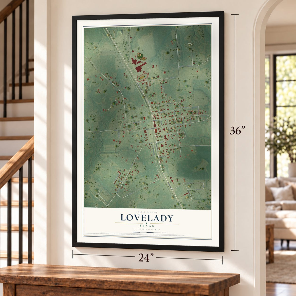 Lovelady, Texas map, 24 x 36 inch print in a black frame by a staircase