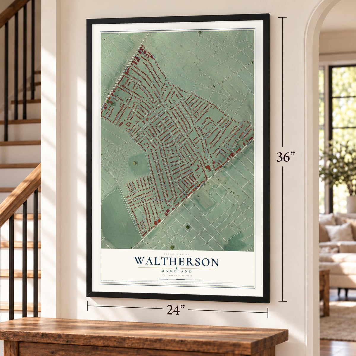 Waltherson, Maryland map, 24 x 36 inch print in a black frame by a staircase