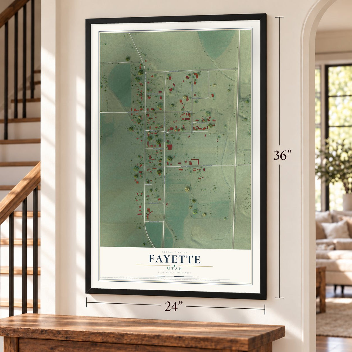 Fayette, Utah map, 24 x 36 inch print in a black frame by a staircase